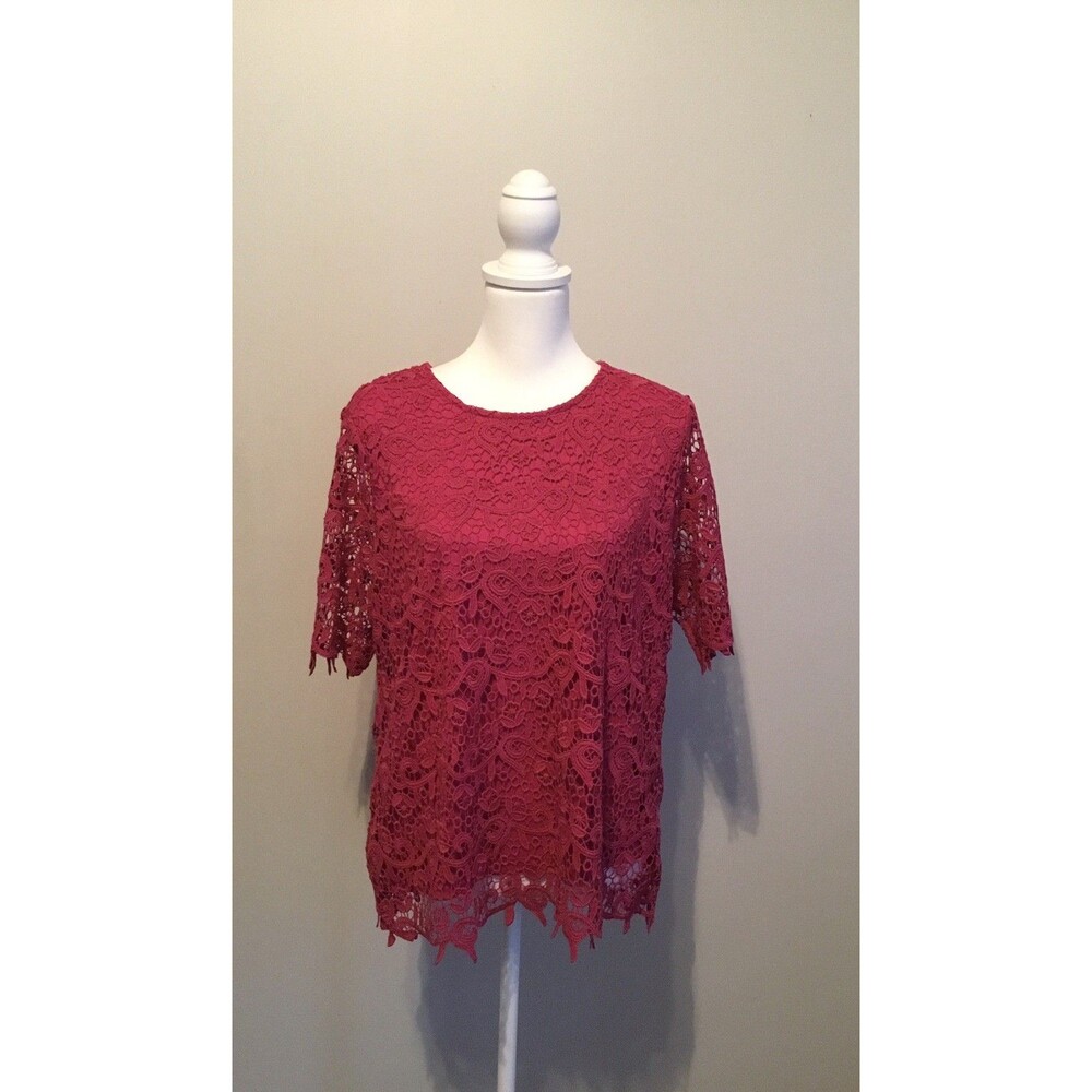 Philosophy Womens Pink short Sleeve Scalloped Crochet NWT Lace Sz L - Picture 6 of 9